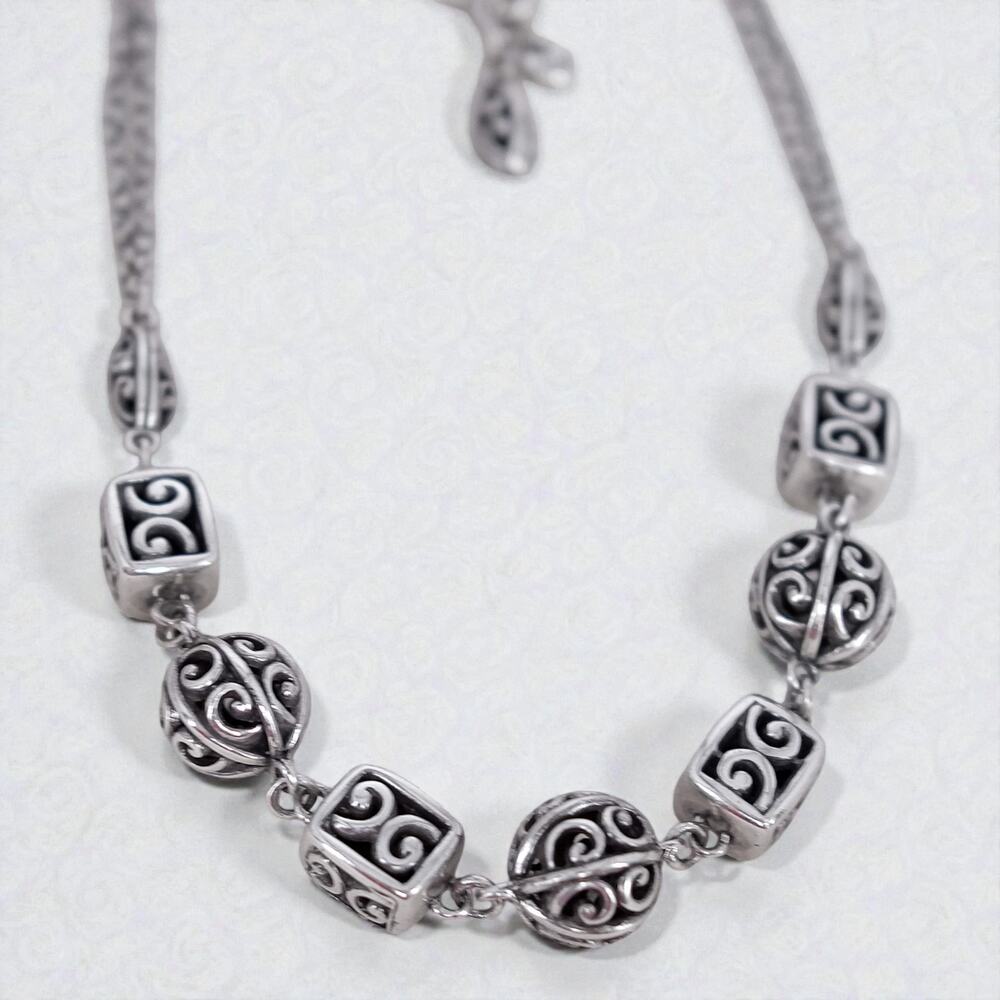 Brighton Scrolled Ball Cube Silver Bead Necklace Rare Retired 16-18 Inch Silver